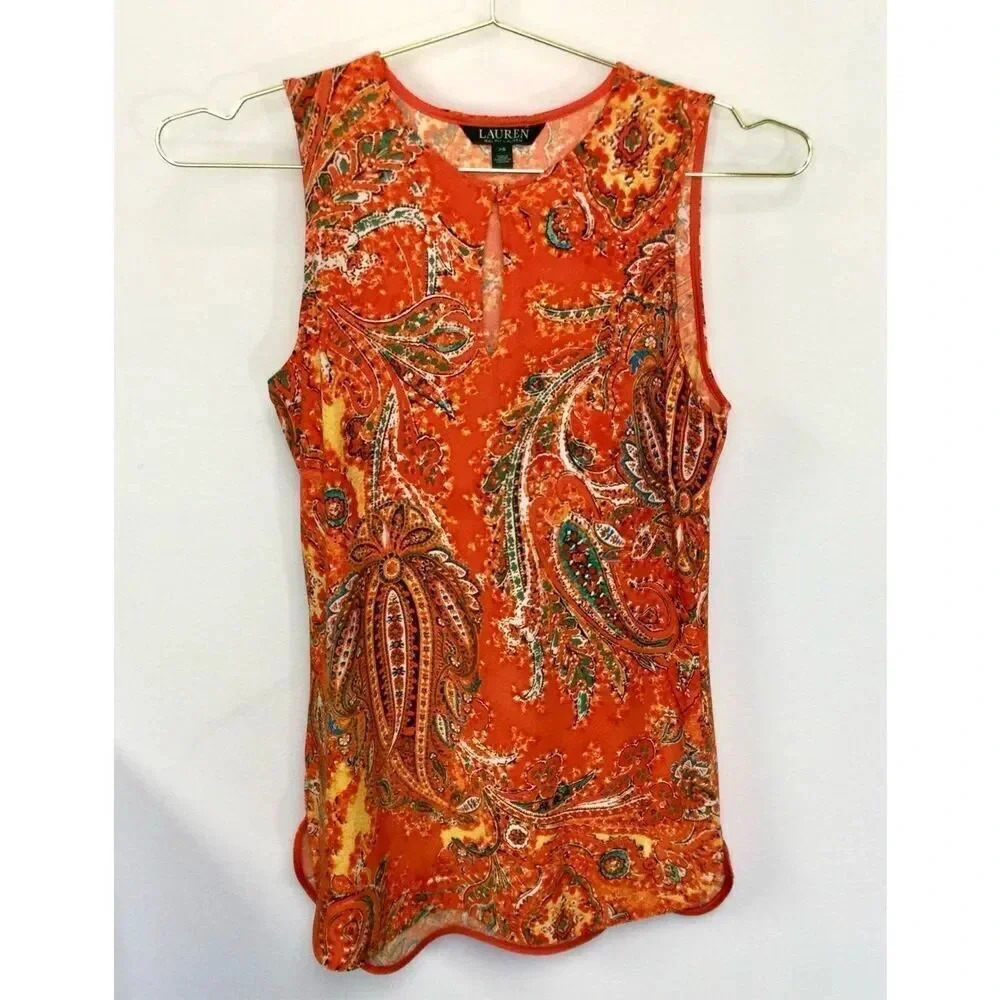 Lauren Ralph Lauren Womens Orange Paisley Keyhole Sleeveless Top Size XS - Picture 1 of 9